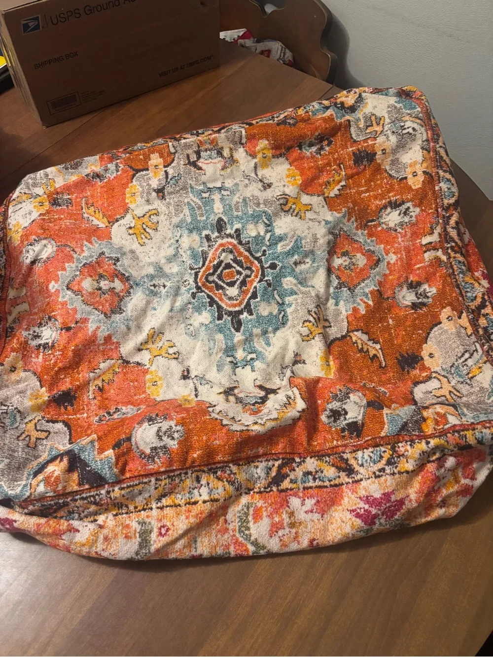 Handmade Bohemian Orange Square Floor Pillow Cover - Vibrant Accent Cushion